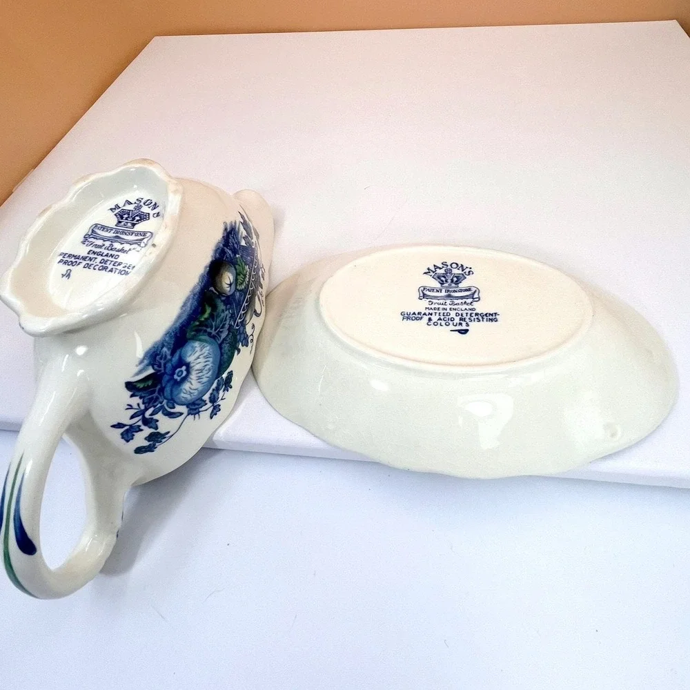 Mason's Ironstone Gravy Boat with‎ Saucer: Blue Fruit Basket Chinoiserie